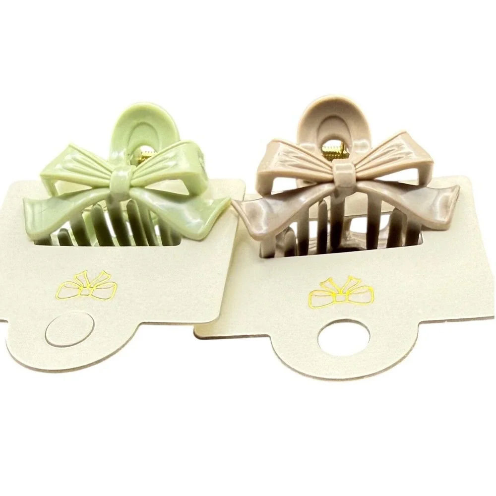 Set of 2 Matte mini Bow Hair Clips‎ Sage Green and Tan Beige Ribbon Style Clips
